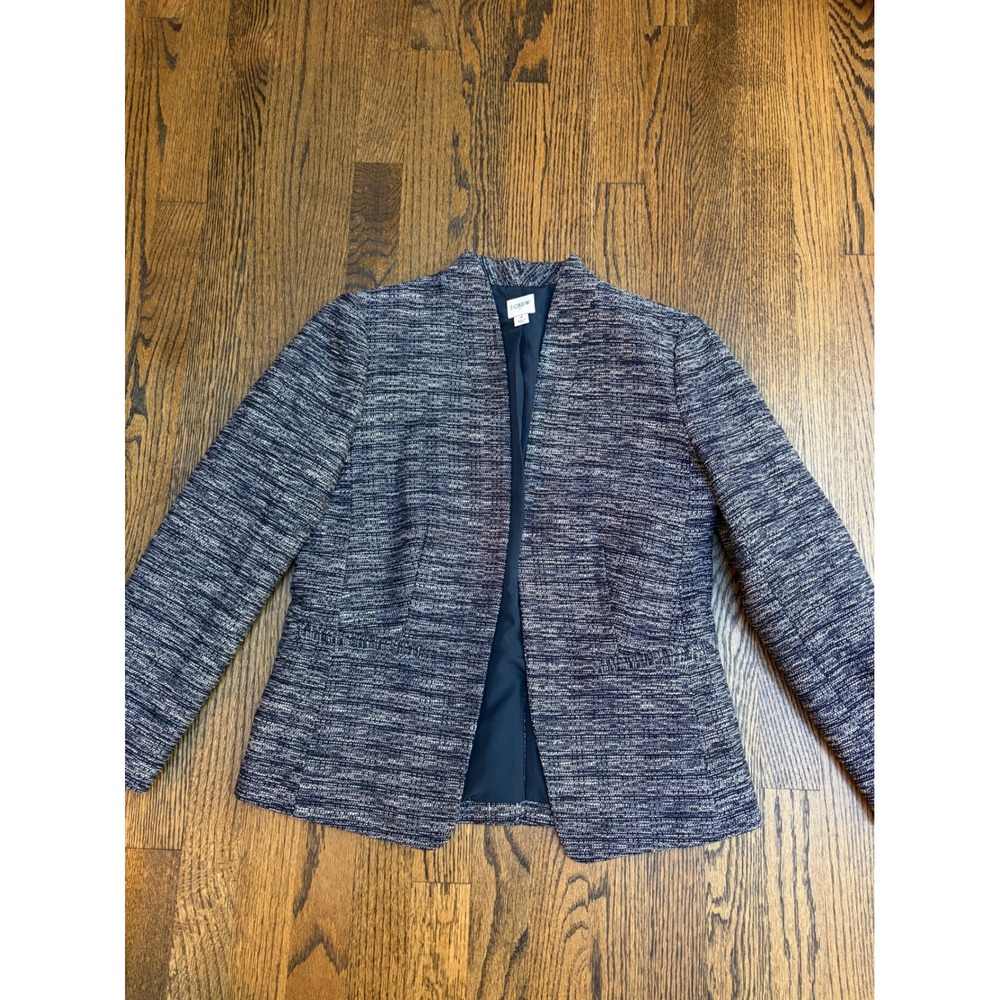 J.Crew Blazer 4 Navy Blue White Tweed Cotton Blend Office Siren Quiet Luxury